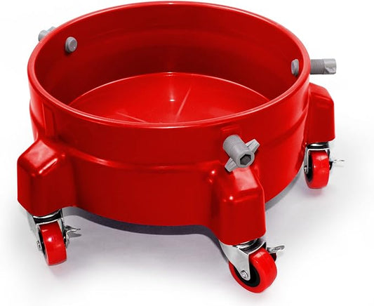 Heavy Duty Car Wash Bucket Dolly with 360° Swivel Casters | Fits 3.5–7 Gallon Buckets | 300 lb Capacity | Soap Holder | Rolling Pail Stand for Auto Detailing |Red