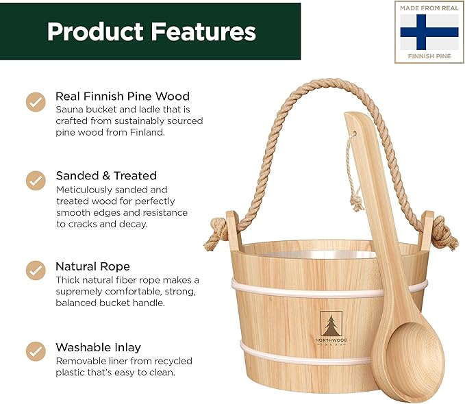 Sauna Bucket and Ladle Set - Handmade from Finnish Pine Wood - Natural Rope Handle - 1.6 Gallons (6 Liters) Water Capacity