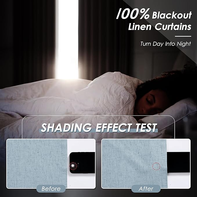 Nanspring Blue Linen 100% Blackout Curtains 92 inch Length Back Tab Rod Pocket Drapes Thermal Insulated Textured Living Room Black Out Curtains 2 Panels Set 52x92