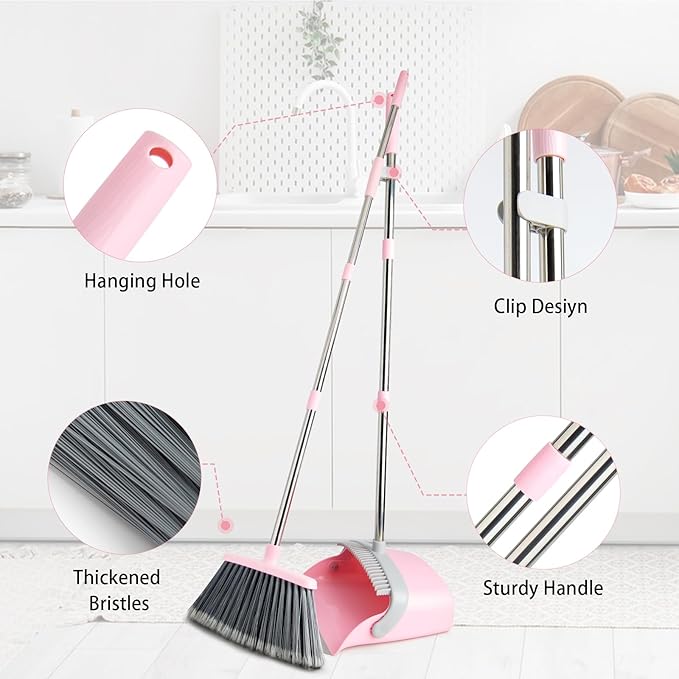 OOOFLOWER Broom and Dustpan Combo Set, Long Handle and Standing Dust Pan with Comb Teeth, Efficient Floor Cleaning for Kitchen, Outdoor, Dorm, Apartment, Office Lobby (Pink Gray)