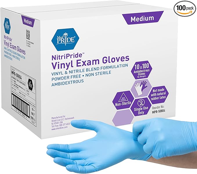 MED PRIDE Disposable Multipurpose Hand Protection Nitrile-Vinyl Blend Exam Gloves, Medium 100 - Powder, Latex & Rubber Free - Single Use Non-Sterile Protective Gloves