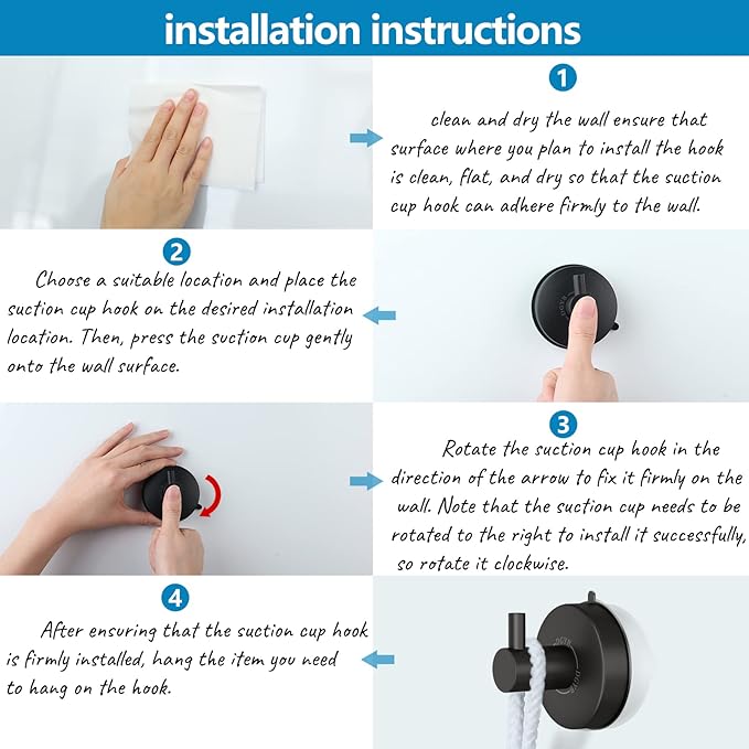 DGYB Black Suction Cup Hooks for Shower Set of 4 Bathroom Towel Hooks for Wall SUS 304 Stainless Steel Vacuum Hooks for Loofah 15 LB Glass Shower Door Hook