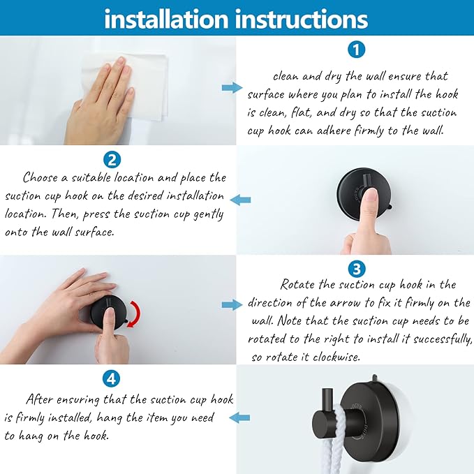 DGYB Suction Cup Hooks for Shower Set of 2 Towel Hooks for Bathrooms SUS 304 Stainless Steel Matte Black Shower Hook for Loofah 15 LB Bathroom Hook for Towels