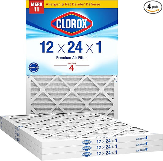 Clorox 12x24x1 Air Filter, MERV 11 Pleated HVAC AC Furnace Air Filters, MPR 1000 & FPR 7 – Pack of 4