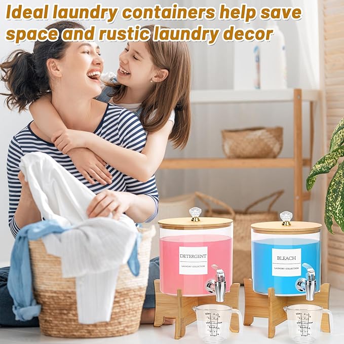 2Pcs Laundry Detergent Dispenser, Laundry Soap Dispenser with Stand, Faucets Acrylic Laundry Detergent Container for Laundry Room Liquid Detergent, Bleach, Fabric Softener Organization and Storage