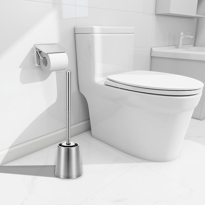 SOPRANNOMIN SUS304 Stainless Steel Toilet Brush and Holder Silicone Bathroom Brush TPE Brush Head Toilet Cleaner for Bowl Bathroom Cleaning Brush Caddy Cepillo de Baño Brushed Silver