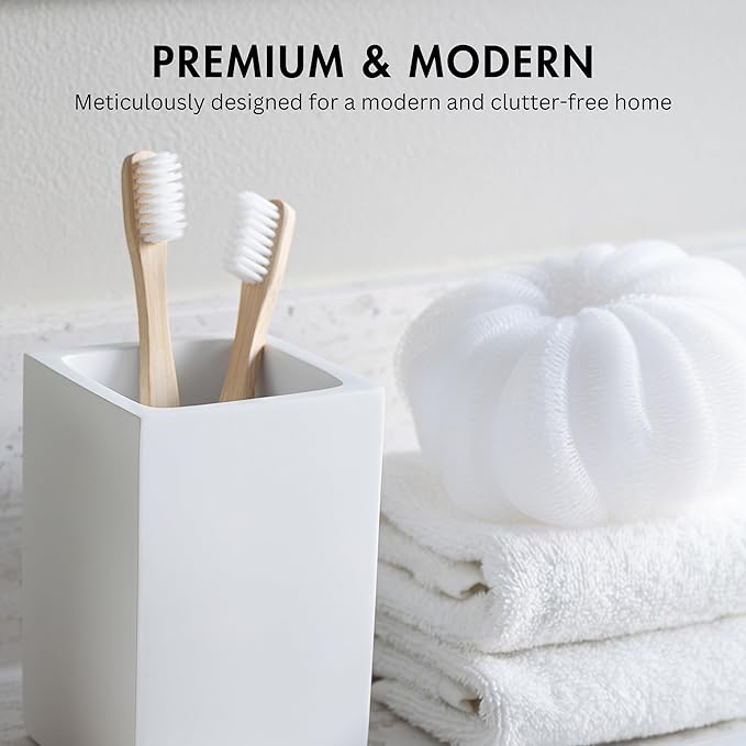 Yew Design Matte White Toothbrush and Toothpaste Holder for Bathroom Vanity and Countertop, Square Organizer for Electric Toothbrushes, Floss, Razors, Cotton, and Mouthwash