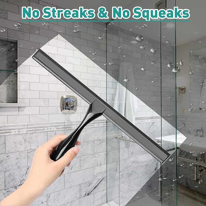 steauty Shower Squeegee for Glass Doors,14-Inch Shower Glass Squeegee, Matte Black Shower Squeegee for Shower Doors,Mirror,Windows, with Shower Door Hook and Adhesive Hook