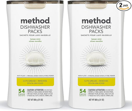 Method Dishwasher Detergent Packs, Lemon Mint, Dishwashing Rinse Aid to Lift Tough Grease and Stains, 54 Dishwasher Tabs per Package, (Pack of 2)