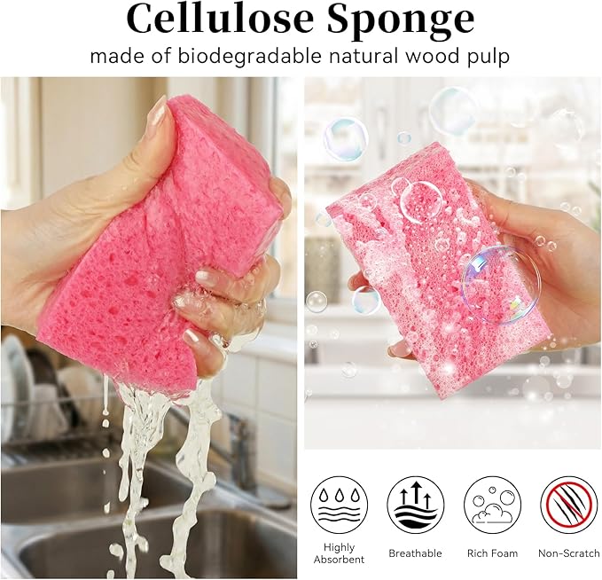 Mkobon 6 Pcs Kitchen Sponges for Dishes Cleaning, Non Scratch for Non Stick Cookware, Compressed Natural Cellulose Sponges, Dish Washing Scrubbers, Scrubbing Pads for Household, Bathroom (Red)