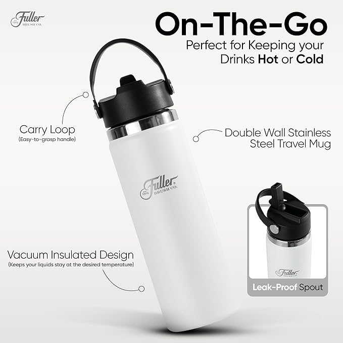 Fuller Stainless Steel Water Bottle with Straw Lid – BPA-Free, Sweat-Proof, Leak-Proof Travel Mug – Double Wall Insulated for Hot & Cold Drinks – Carry Handle (White, 20 Oz.)