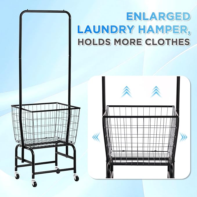 ALIMORDEN Laundry Cart with Clothes Rack, Rolling Laundry Cart with Wheels, Extra Large Basket, Black