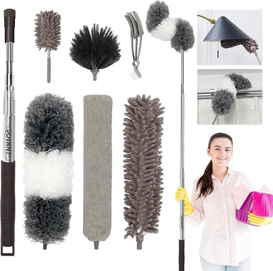 Telescopic Duster Long Extendable Up to 2.50M and Washable,Duster Telescopic Washable 7 Pieces for High Ceilings Ceiling Fan and Chandelier,Dust Mop with Blinds Cleaning Brush-JOVANT (HTJ001)