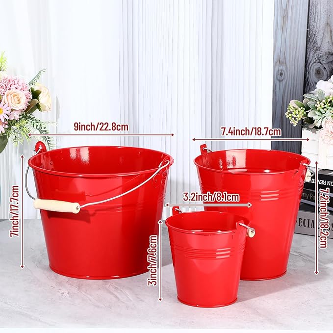 Zopeal 6 Pcs Large Metal Bucket Beer Bucket Galvanized Steel Pail with Handle for Gifts Basket Ice Candy Party(9 x 7 x 7 Inch,Red)