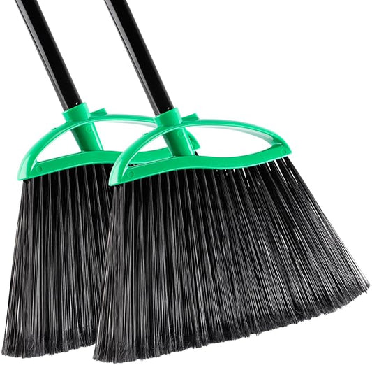 HileSwan 2 Pack Heavy Duty Brooms, 55" Long Handle Indoor Outdoor Angle Broom Set, Household Commercial Floor Cleaning, for Sweeping Home, Kitchen, Deck, Garage, Patio - Green