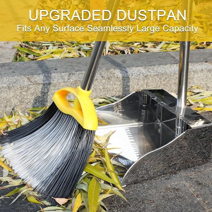 GLOHOO Broom and Dustpan Set, Outdoor Heavy Duty Broom with Stainless Steel Dustpan,Stiff Bristles Broom and Metal Dust Pan for Home