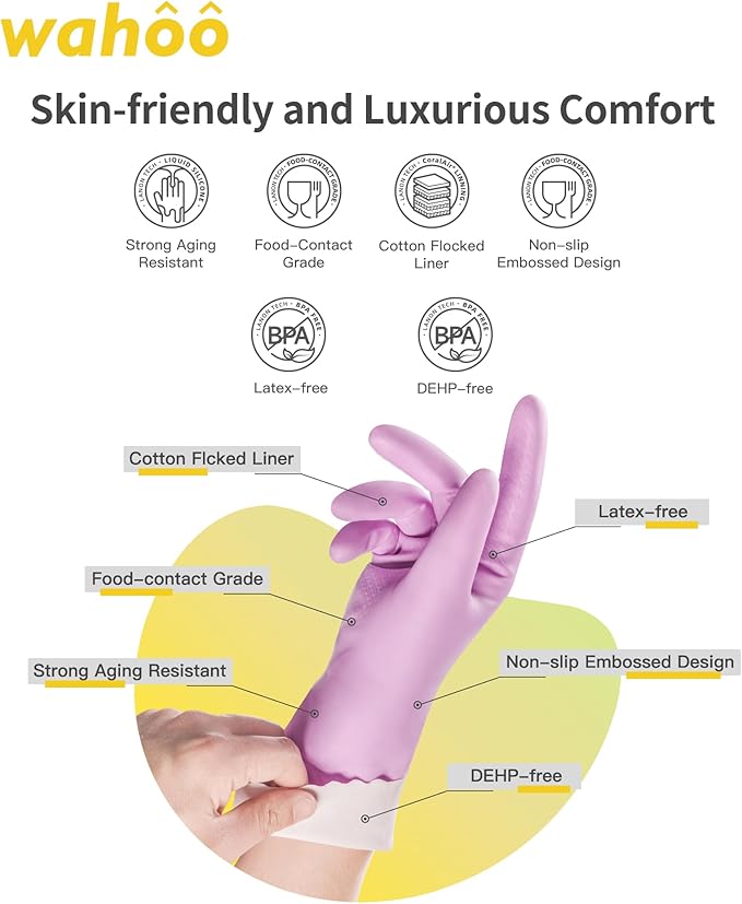 wahoo Skin-Friendly Cleaning Gloves, Reusable Dishwashing Gloves with Flocked Cotton Liner, Dishwashing, Kitchen,Mauve Mist, Medium