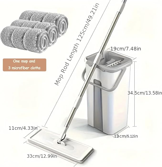 Mop and Bucket with Wringer Set, Hands Free Flat Mops for Floor Cleaning, Wet and Dry Use, Wall Mop Cleaner with 3 Washable Microfiber Pads for Bathrooms, Bedrooms, Living Rooms, Kitchens