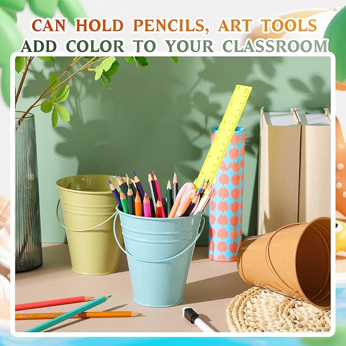 Sadnyy Colored Small Metal Buckets with Handle, 4.5 x 5.1 Inch Mini Galvanized Tin Bucket for Back to School Classrooms Crafts Pencil Holder Boho Wedding Birthday Party Favor Decoration