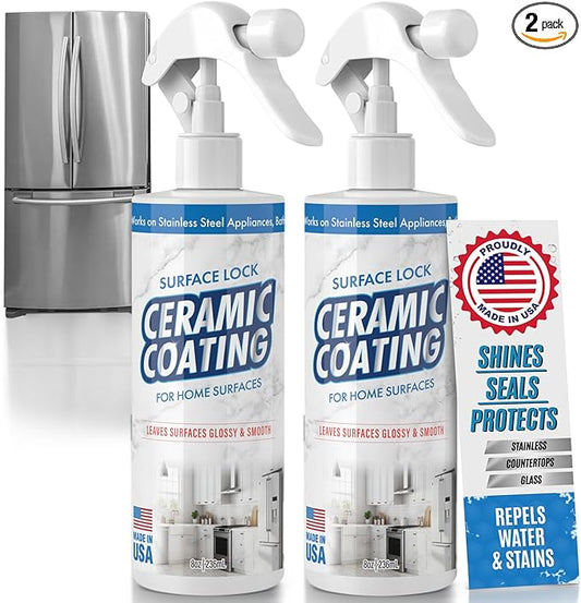 Surface Lock Home Ceramic Coating for Stainless Steel - 2pk - Prevents Fingerprints on Appliances, Countertops, Any Hard Surface In Your Life - Made in the USA Spray - 8 fl oz - Proof It Works to Seal