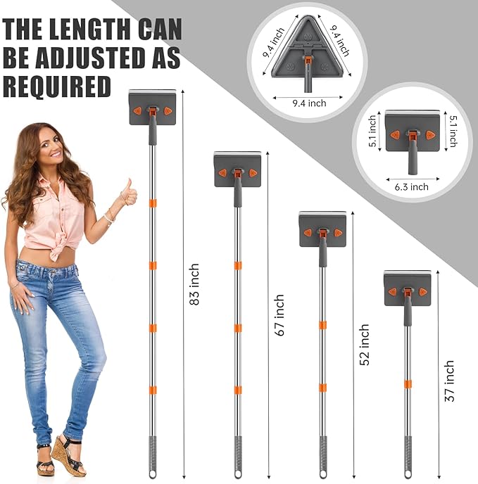 CALBEAU Baseboard Cleaner Tool with Handle, Folding Wall Mop with 86" Extension Pole, Swivel Wall Cleaner Mop with Squeegee, 8 Reusable Pads for Baseboard, Wall, Ceiling, Window, Floor, Furniture