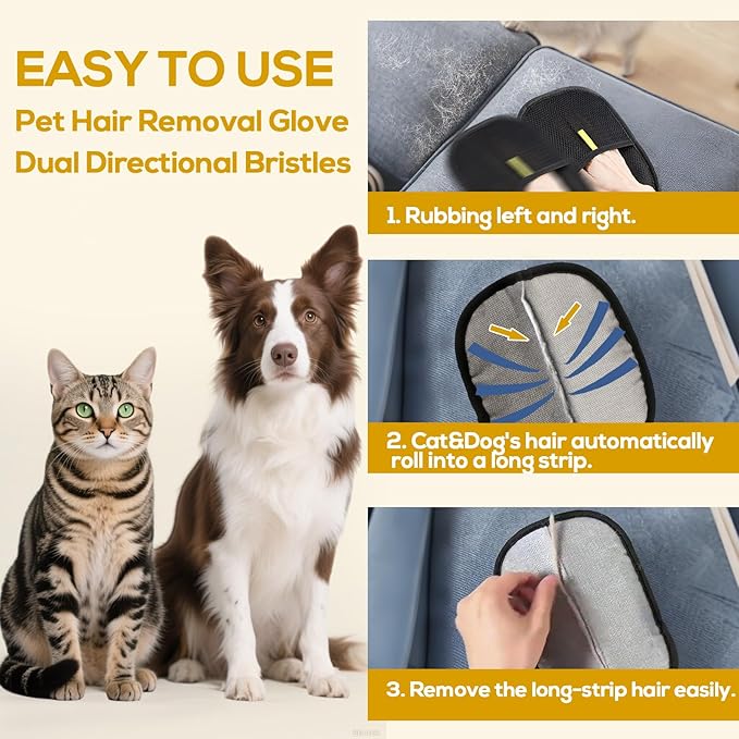 BABORUI Pet Hair Removal Glove - 3 Pack Pet Hair Remover Glove, Electrostatic Gloves Pet Hair Lint Rolls into Strips, Dog and Cat Hair Remover Tool for Furniture, Car, Couch, Carpet, Clothes