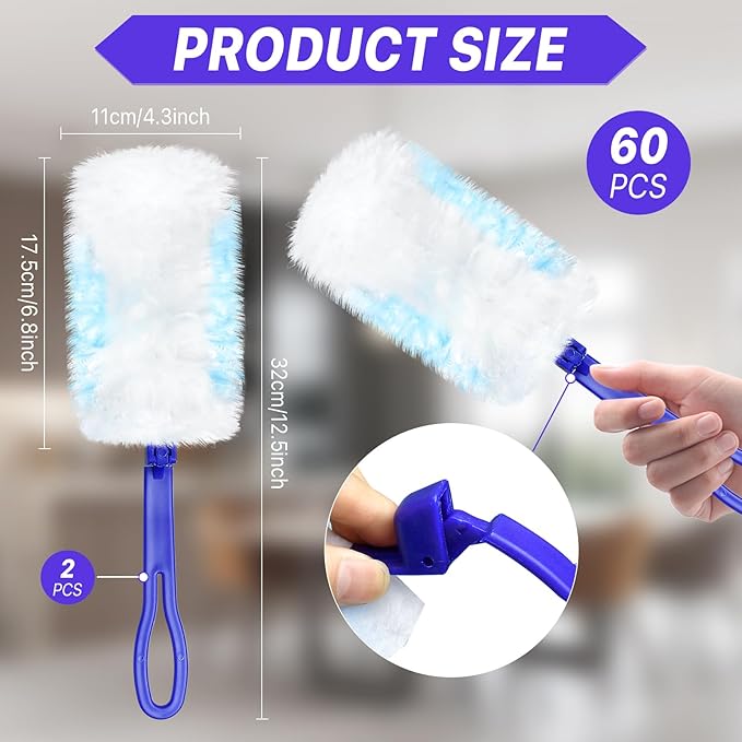 Milkary 60Pcs Duster Refills Electrostatic Fluffy for Cleaning, Duster Disposable Replacement Refills Bulk with 2 Handles for Home Office Blinds Ceiling Fans Furniture Multi-Surface Dusting, Blue