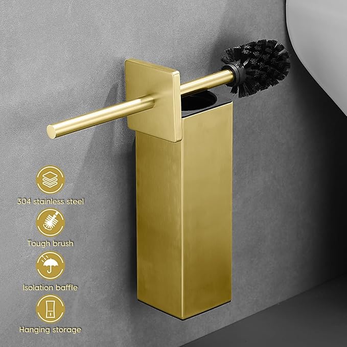 JOVYXIE Brushed Gold Stainless Steel Square Toilet Brush with Metal Lid Dual-Use Toilet Brush Holder with Drilled + Drill-Free Hook Base Includes Removable Inner Bucket (Brushed Gold)