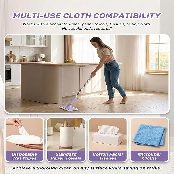 Snap Grip Mini Mop,Convenient Cloth Changing Mini Mop,Retractable Gap Dust Cleaner Flat Mops with Locking Head &Sweeping Cloths,（1mop + 5random Color Rags (Purple)