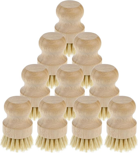 COMNICO 10 Pcs Bamboo Dish Scrub Brush Set, Mini Natural Wooden Scrubbers Set Round Dish Brush Vegetable Durable Scrubber Cleaning Kit for Cleaning Pot Pan Sink