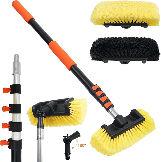 TOWBRUS 12FT/144inch Car Wash Brush with Long Handle Telescopic Pole Angle Adapter Car Cleaning Tool with 2 Pcs 12" Soft Bristle and Hard Bristle for Car Truck RV House Floor Window Glass Roof Pool