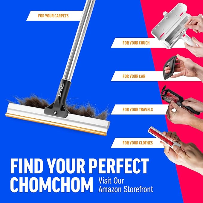 ChomChom Carpet Rake – Adjustable Pet Hair Remover Tool Up to 64 in Long – Deep Clean Embedded Pet Hair with Teeth Technology – Reusable, Quiet – for Carpets, Stairs, Rugs, Pet Beds, Cars & More