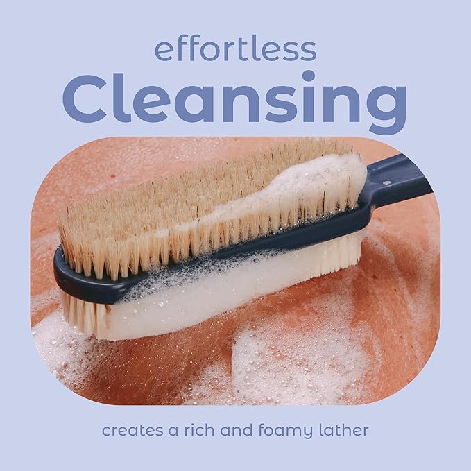 MainBasics Back Scrubber for Shower – Long Handle Dual-Sided Brush for Body Wash & Scrubbing with Exfoliating & Soft Bristles (Ultramarine, Plastic)
