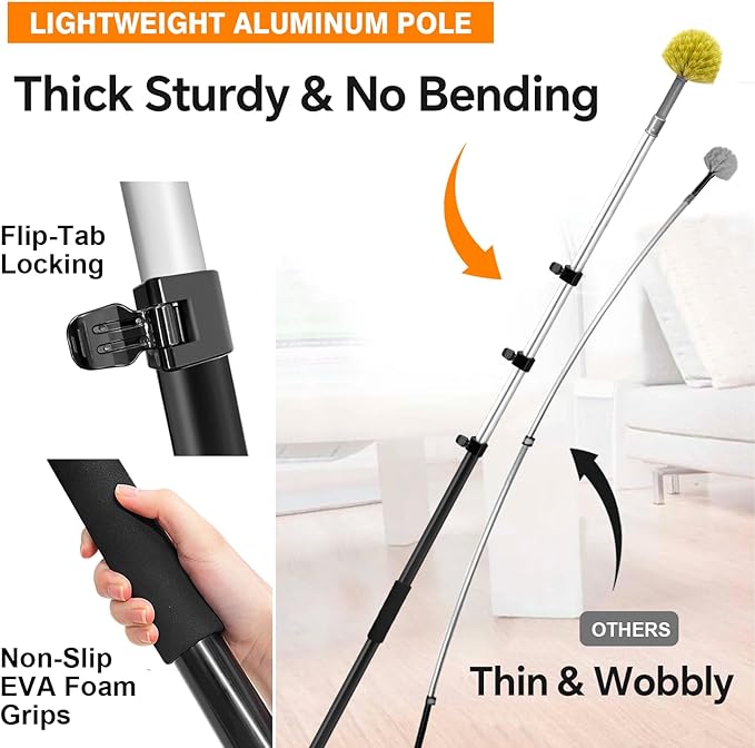 ARTIPOLY 20 Foot Telescoping Extension Pole Kit, 5-in-1 High Reach Duster with Chenille Window Squeegee Microfiber Feather Cobweb Duster for Ceiling Wall Hard-to-Reach Indoor & Outdoor Cleaning Yellow