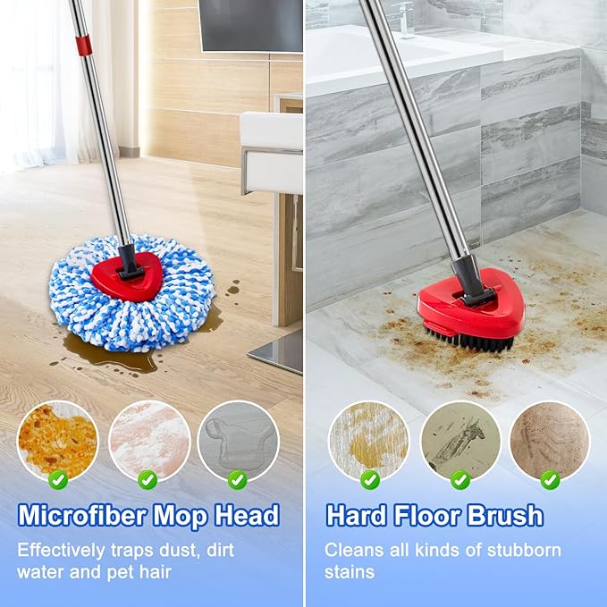 Mop Head Replacement Compatiable with Ocedar RinseClean 2-Tank System, Mircofiber Mop Heads Refill and Scrub Brush for O Cedar Rinseclean Spin Mop, 6 Pack Mop Refills & 2 Scrub Head for Floor Cleaning