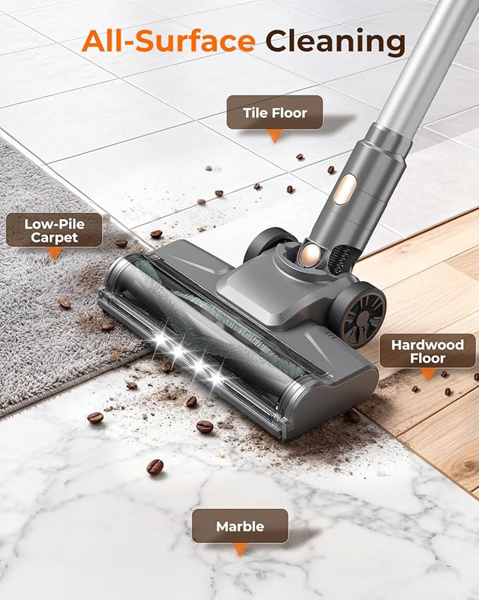 N8 Cordless Vacuum Cleaner,Lightweight Stick Vacuum with Powerful Suction,2200mAh Battery,40 Mins Runtime,Self-Standing,Rechargeable Vacuum Cleaners for Home Hardwood Floor Carpet Pet Hair (Gold)