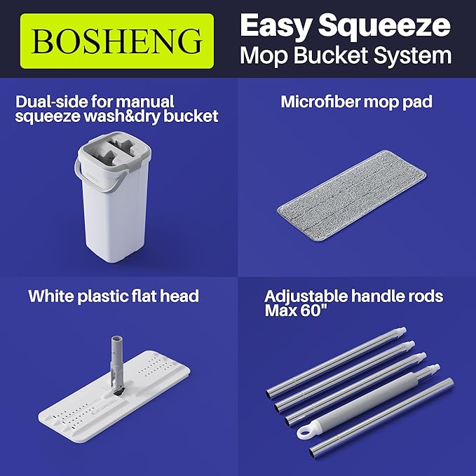 Mop and Bucket Set, Flat Mops for Floor Cleaning, Wall Mop with 60" Extensible Handle, Hardwood Floor Mop with 6 Microfiber Pads