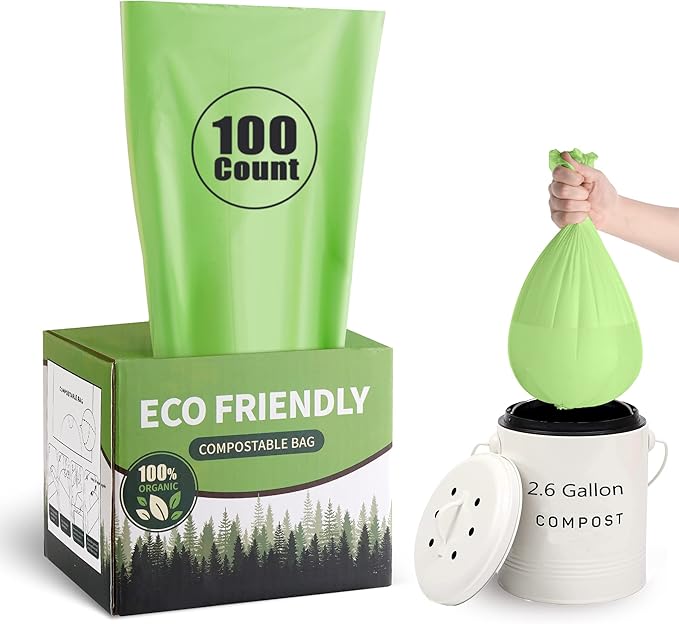 Eargardin Compostable Trash Bags 2.6 Gallon 100 Counts Compost Small Garbage Bag for Kitchen Bathroom BPI Certified, Green
