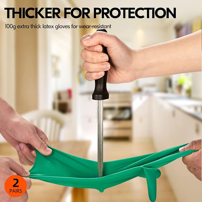 Vgo... 2-Pairs Reusable Household Gloves, Rubber Dishwashing gloves, Extra Thickness, Long Sleeves, Kitchen Cleaning, Working, Painting, Gardening, Pet Care (Size S, Green, HH4601)