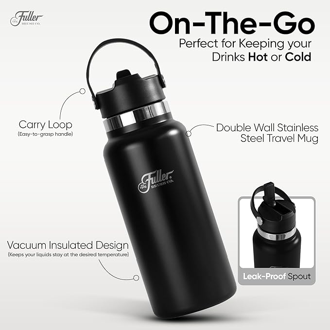 Fuller Stainless Steel Water Bottle with Straw Lid – BPA-Free, Sweat-Proof, Leak-Proof Travel Mug – Double Wall Insulated for Hot & Cold Drinks – Carry Handle (Black, 32 Oz.)