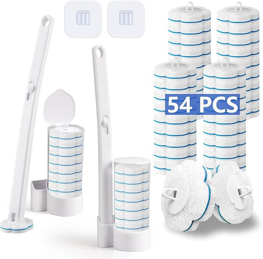 Ucaimao Disposable Toilet Brush， 2 Pack Toilet Wand and Holder with 54 Cleaner Refills Disposable Toilet Cleaning System Cleaner Pads for Toilet Bowl，Bathroom Cleaning，Sink，Bathtub - White