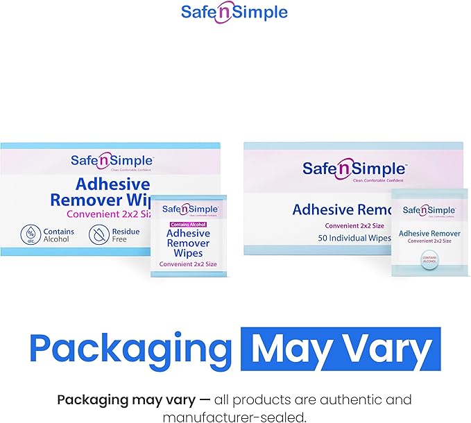 Safe n' Simple Adhesive Remover for Skin - 2”x2” 50 Packets - Adhesive Remover Wipes - Adhesive Remover Wipes Alcohol - Medical Isopropyl Alcohol Cleansing Pads Individually Wrapped
