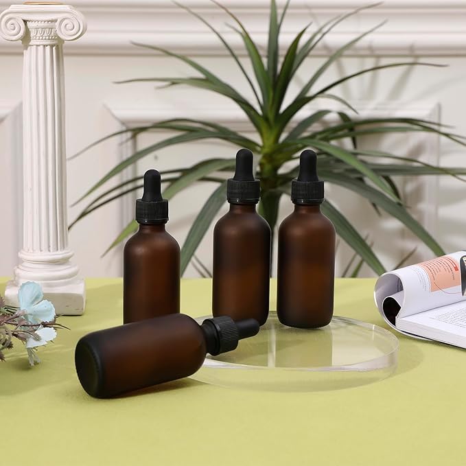 24 Pack, 2oz Glass Dropper Bottle, Preety Texture Tincture Bottles with Precise Scales Eye Droppe, for All Kinds Of Mixed Liquids,Leak-Proof Design for Easy Travel (Amber Frosted)