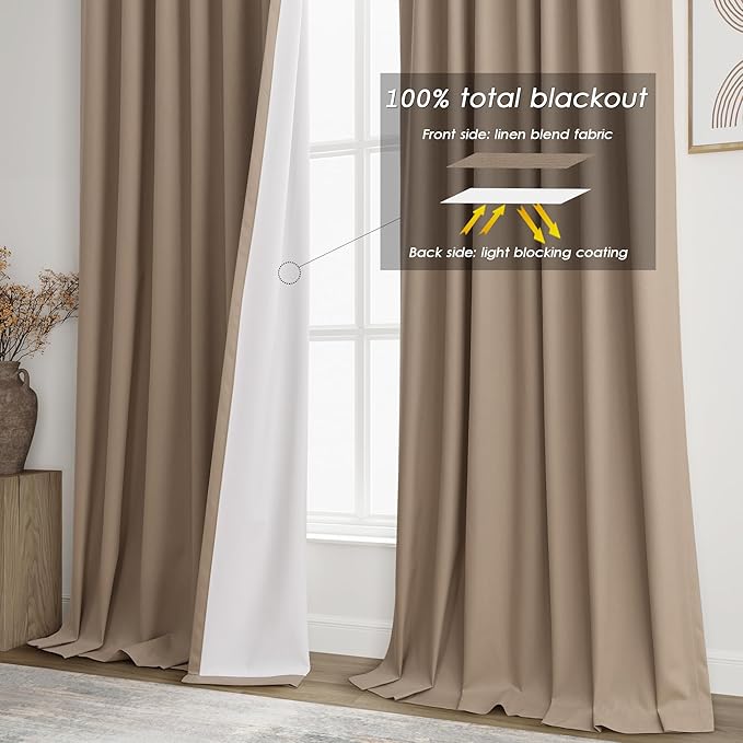 Blackout Tan Linen Curtains 96 Inches Long Back Tab Heat Reflective Full Light Block Out Curtains 2 Panels for Bedroom Windows Textured Long Draperies with Liner Floor to Ceiling Length 8 Ft 52x96