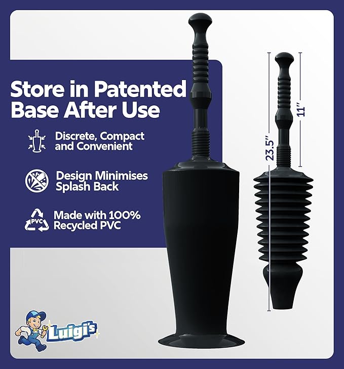 Luigi's World's Best Plunger - Unclogger Tools for Unblocking Toilet - Heavy Duty Plungers for Bathroom - Unique Unblocker Design - Remover Tool to Unblock Toilet Blockage - Black