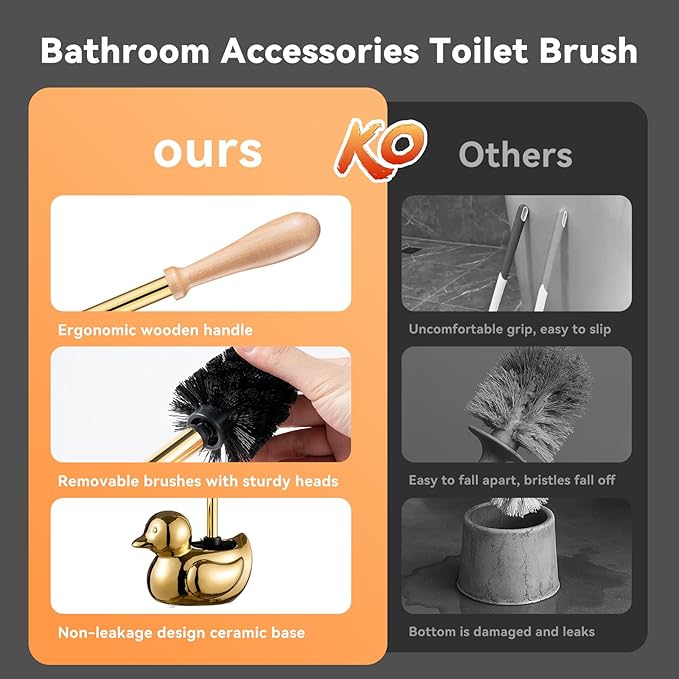 Modern Toilet Brush Set and Holder - Toilet Bowl Brush Ceramic Bathroom Accessories Set Decor, Cleaner Brush Kit with Detachable Brush Head & Natural Wood Handle (Ivory White)