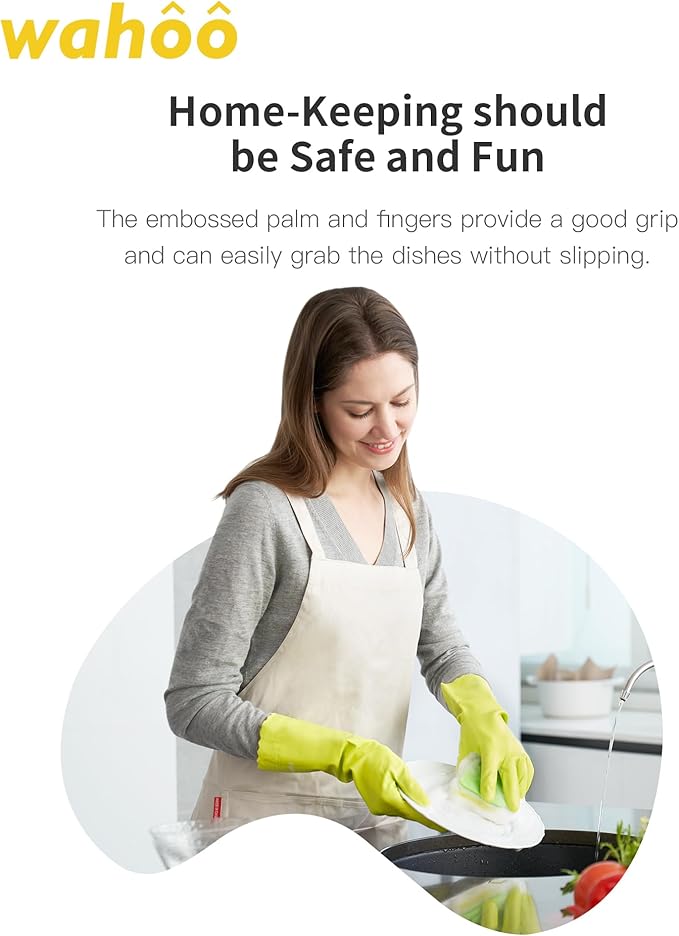 wahoo 3 Pairs Skin-Friendly Cleaning Gloves, Cotton Flocked Lined Dishwashing Gloves, Reusable, Non-Slip, Waterproof, Bud Tender, Small