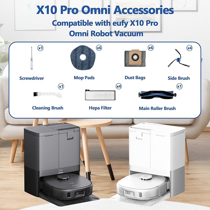 23 Pack X10 Pro Omni Replacement Parts for Eufy X10 Pro Omni Robot Vacuum Cleaner Accessories, 1 Main Brush, 4 Hepa Filters, 4 Side Brushes, 6 Mop Pads, 6 Dust Bags, 1 Screwdriver 1 Cleaning Brush