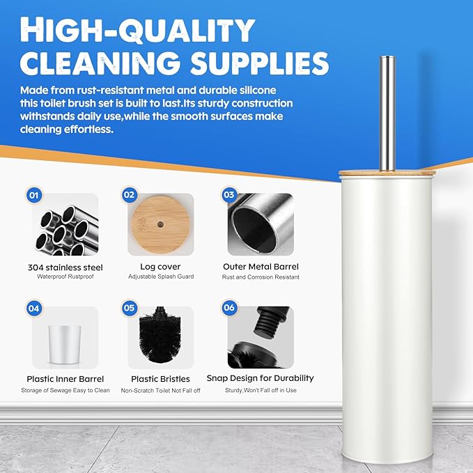 Compact Toilet Brush & Holder,SetStainless Steel Handle Toilet Brush,Deep Cleaning,Durable Nylon Bristles,Splash-Proof Design(White&Black)