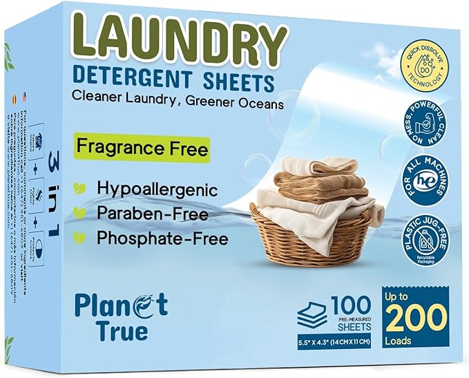 Eco-Friendly Laundry Detergent Sheets, 200 Loads (100 Sheet) Fragrance Free Laundry Sheets Detergent, Concentrated Washer Detergent, Plastic Free Travel Laundry Detergent